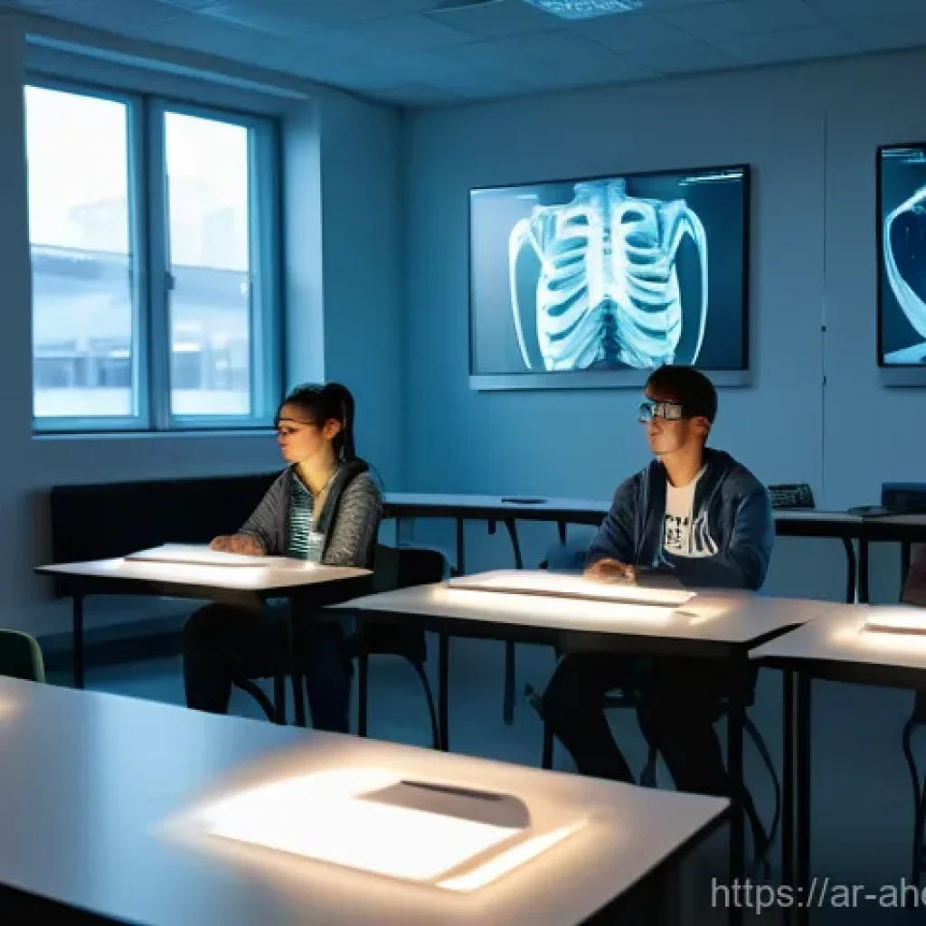 공간 컴퓨팅 기술의 교육적 활용 가능성 - **Prompt 1: Immersive Human Anatomy Exploration**
A bright, modern classroom filled with soft, a...