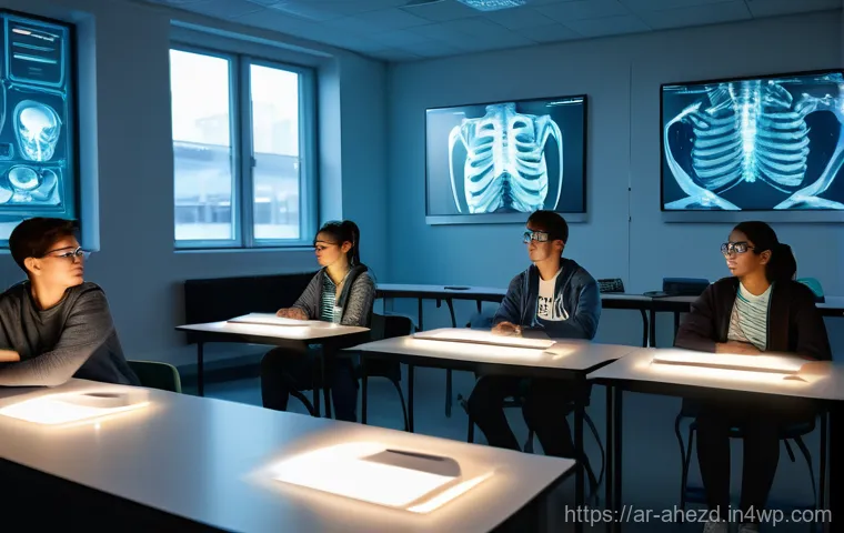 공간 컴퓨팅 기술의 교육적 활용 가능성 - **Prompt 1: Immersive Human Anatomy Exploration**
A bright, modern classroom filled with soft, a...