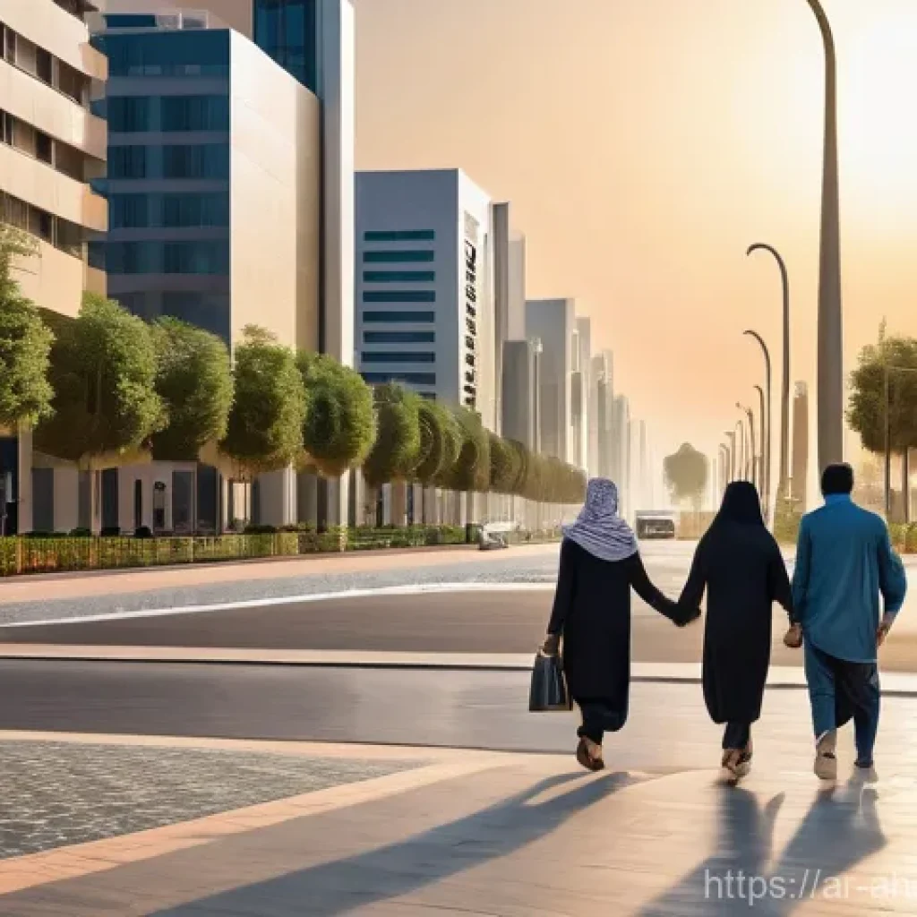 공간 컴퓨팅을 활용한 스마트 시티 프로젝트 - **Prompt:** A vibrant, modern Arab smart city square at sunset. An Arab family, parents with their t...