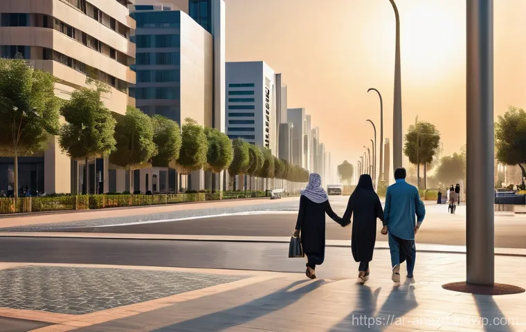 공간 컴퓨팅을 활용한 스마트 시티 프로젝트 - **Prompt:** A vibrant, modern Arab smart city square at sunset. An Arab family, parents with their t...