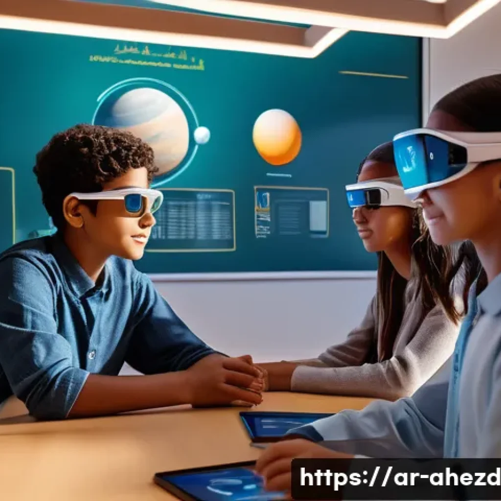 혼합 현실 MR 기술의 발전 현황 - A futuristic mixed reality classroom scene set in a modern Middle Eastern school, featuring diverse ...