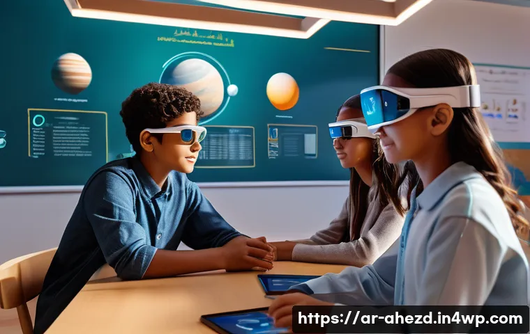 혼합 현실 MR 기술의 발전 현황 - A futuristic mixed reality classroom scene set in a modern Middle Eastern school, featuring diverse ...