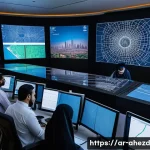 공간 컴퓨팅 기술의 경제적 영향 연구 - A modern logistics control room in a Middle Eastern city with large digital maps displaying spatial ...