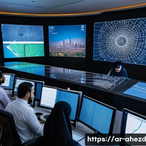 공간 컴퓨팅 기술의 경제적 영향 연구 - A modern logistics control room in a Middle Eastern city with large digital maps displaying spatial ...