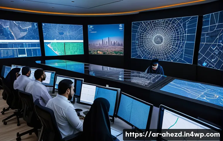 공간 컴퓨팅 기술의 경제적 영향 연구 - A modern logistics control room in a Middle Eastern city with large digital maps displaying spatial ...