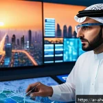 공간 컴퓨팅으로 인한 직업의 변화 - A futuristic Middle Eastern urban planner at work inside a high-tech control room, surrounded by int...