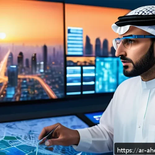 공간 컴퓨팅으로 인한 직업의 변화 - A futuristic Middle Eastern urban planner at work inside a high-tech control room, surrounded by int...