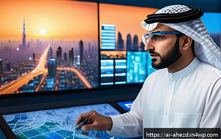 공간 컴퓨팅으로 인한 직업의 변화 - A futuristic Middle Eastern urban planner at work inside a high-tech control room, surrounded by int...