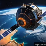 우주 탐사에서의 공간 컴퓨팅 기술의 역할 - A futuristic satellite orbiting Earth equipped with advanced AI-powered processors designed for hars...