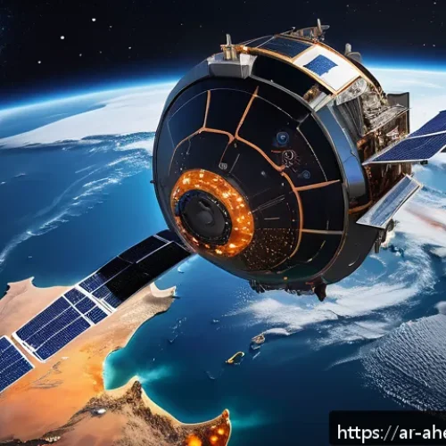 우주 탐사에서의 공간 컴퓨팅 기술의 역할 - A futuristic satellite orbiting Earth equipped with advanced AI-powered processors designed for hars...