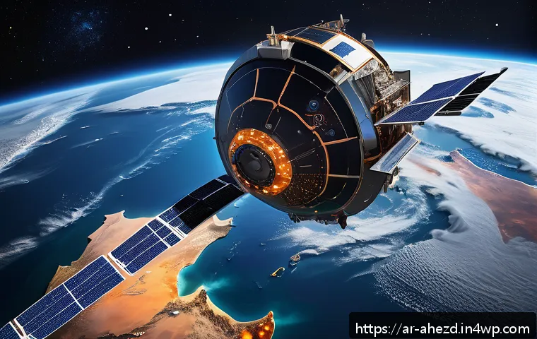 우주 탐사에서의 공간 컴퓨팅 기술의 역할 - A futuristic satellite orbiting Earth equipped with advanced AI-powered processors designed for hars...